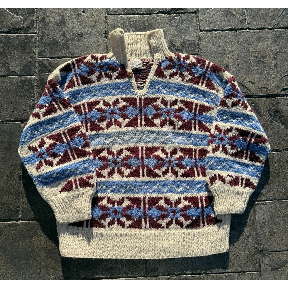 Vintage Quillas Hand Knit Wool Henley Style Pullover Sweater Size Medium